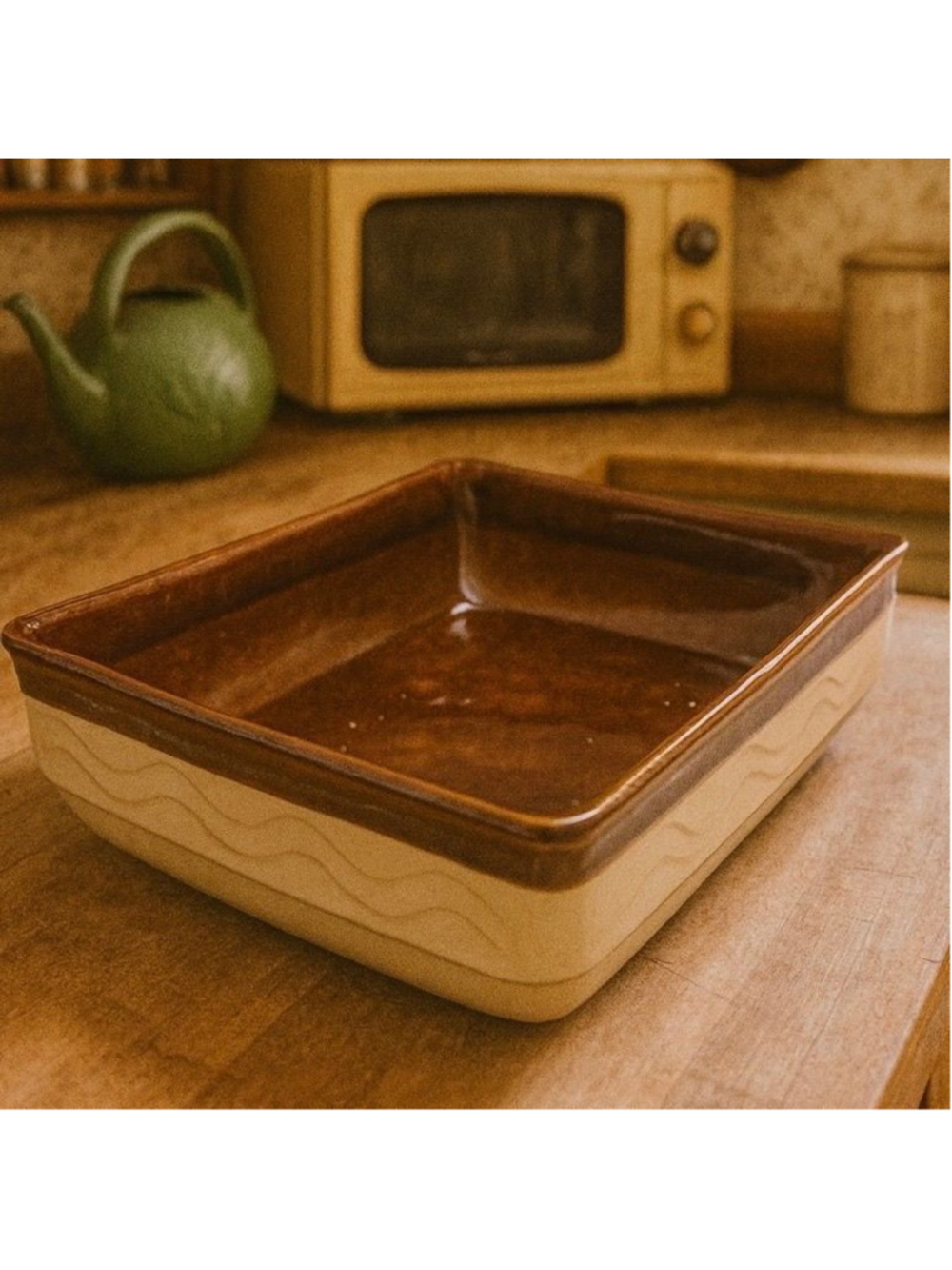 Vintage Mid-Century Stoneware Casserole Dish Brown & Beige Rectangular Baker